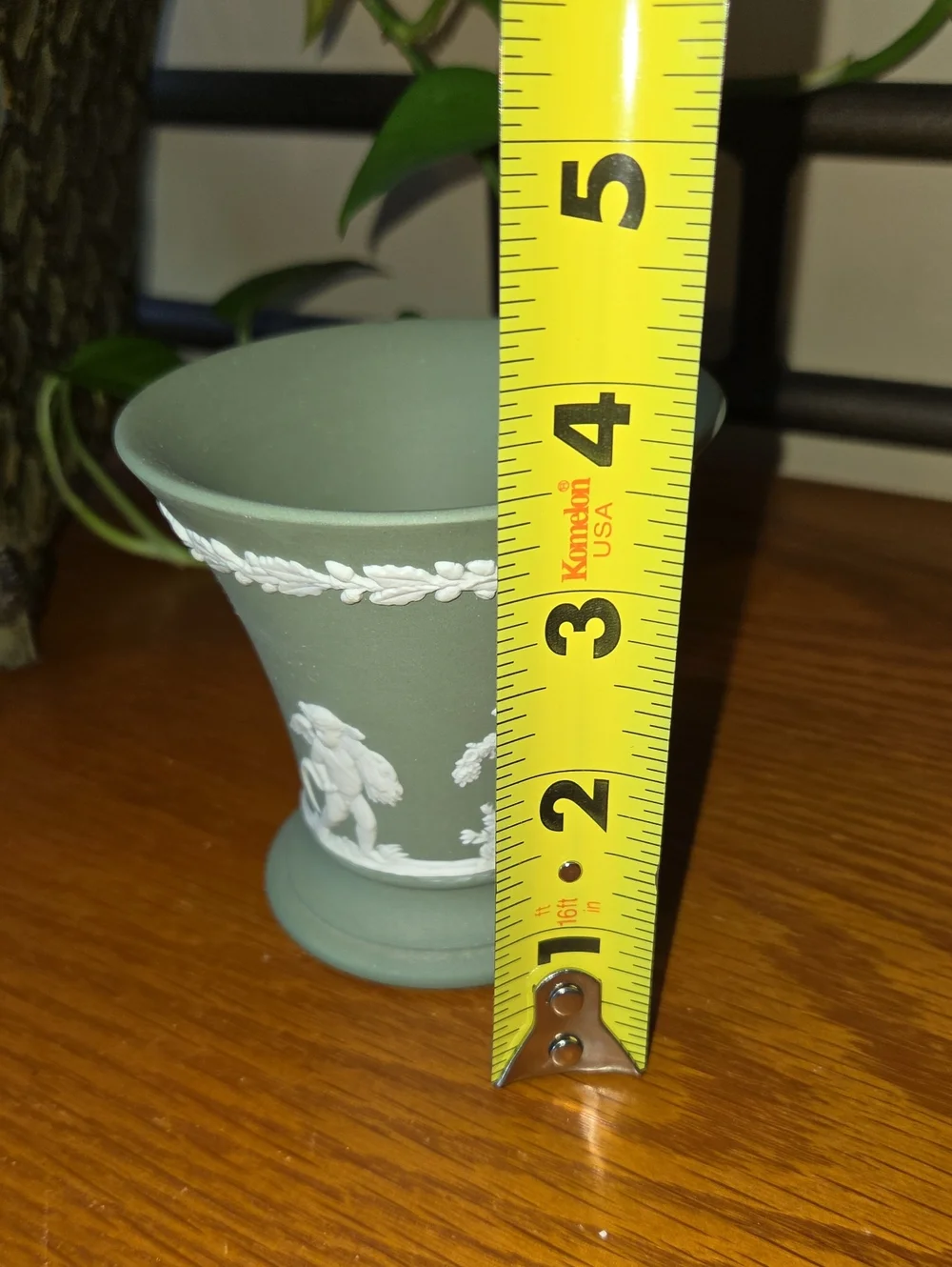 Vtg Wedgwood Green Jasperware Vase with White Classical Relief